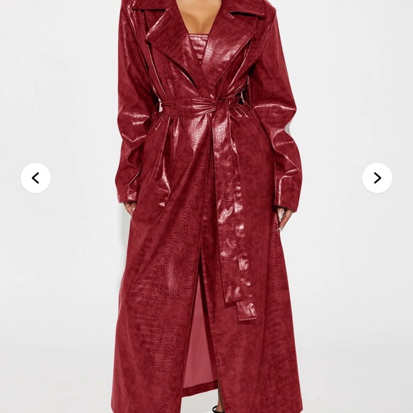 Wine/Red Faux Leather Trench Coat and mini dress set - Picture 3 of 4